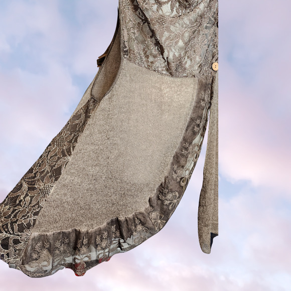 Taupe Knitted Asymmetrical Lace Cowl Neck Subversive Mori Kei Layer Tank Vest - Picture 4 of 5